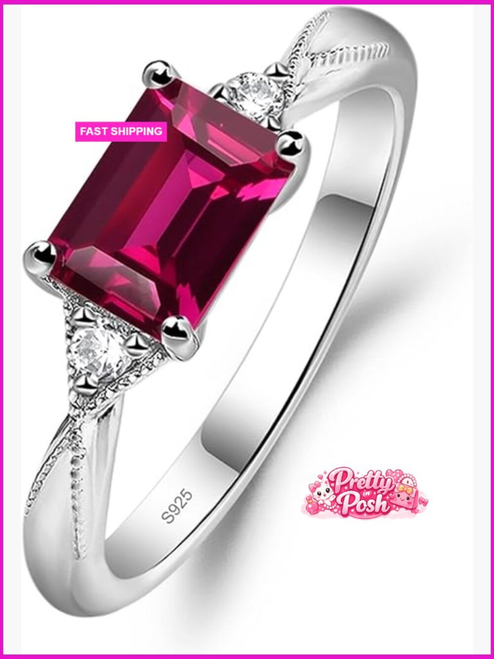 1.2 CT Lab Created Ruby Emerald Cut Ring Sterling Silver Plated With Rhodium